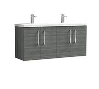 nuie ARN523F Arno Modern Bathroom Wall Hung 4 Door Double Vanity Unit with Twin Ceramic Basin, 1200mm, Woodgrain Anthracite