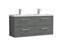 nuie ARN524C Arno Modern Bathroom Wall Hung 4 Drawer Double Vanity Unit with Twin Polymarble Basin, 1200mm, Woodgrain Anthracite