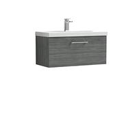 nuie ARN525D Arno Modern Bathroom Wall Hung 1 Drawer Vanity Unit with Thin-Edge Ceramic Basin, 800mm, Woodgrain Anthracite