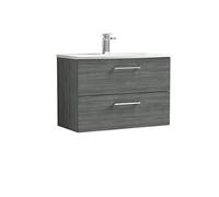 nuie ARN526G Arno Modern Bathroom Wall Hung 2 Drawer Vanity Unit with Curved Ceramic Basin, 800mm, Woodgrain Anthracite