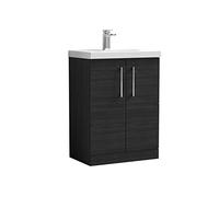 nuie ARN603D Arno Modern Bathroom Floor Standing 2 Door Vanity Unit with Thin-Edge Ceramic Basin, Woodgrain Charcoal Black