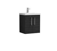nuie ARN621A Arno Modern Bathroom Wall Hung 2 Door Vanity Unit with Mid-Edge Ceramic Basin, 500mm, Woodgrain Charcoal Black