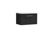 nuie ARN622LCM Arno Modern Bathroom Wall Hung 1 Soft Close Drawer Vanity Unit and Carrera Marble Laminate Worktop, 600mm, Charcoal Black Woodgrain
