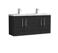 nuie ARN623C Arno Modern Bathroom Wall Hung 4 Door Double Vanity Unit with Twin Polymarble Basin, Woodgrain Charcoal Black