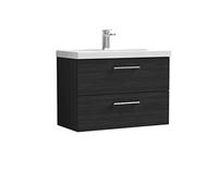 nuie ARN626A Arno Modern Bathroom Wall Hung 2 Drawer Vanity Unit with Mid-Edge Ceramic Basin, Woodgrain Charcoal Black