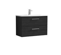 nuie ARN626G Arno Modern Bathroom Wall Hung 2 Drawer Vanity Unit with Curved Ceramic Basin, Woodgrain Charcoal Black
