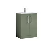 nuie ARN803B Arno Modern Bathroom Floor Standing 2 Door Vanity Unit with Minimalist Ceramic Basin, 600mm, Satin Green