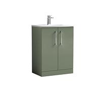nuie ARN803G Arno Modern Bathroom Floor Standing 2 Door Vanity Unit with Curved Ceramic Basin, 600mm, Satin Green