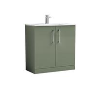 nuie ARN805B Arno Modern Bathroom Floor Standing 2 Door Vanity Unit with Minimalist Ceramic Basin, Satin Green