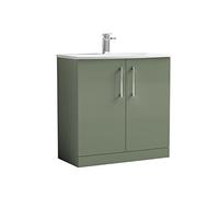 nuie ARN805G Arno Modern Bathroom Floor Standing 2 Door Vanity Unit with Curved Ceramic Basin, 800mm, Satin Green