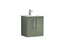 nuie ARN821B Arno Modern Bathroom Wall Hung 2 Door Vanity Unit with Minimalist Ceramic Basin, Satin Green