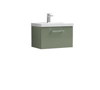 nuie ARN822A Arno Modern Bathroom Wall Hung 1 Drawer Vanity Unit with Mid-Edge Ceramic Basin, Satin Green