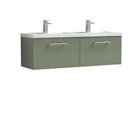 nuie ARN822C Arno Modern Bathroom Wall Hung 2 Drawer Double Vanity Unit with Twin Polymarble Basin, 1200mm, Satin Green