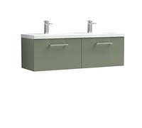 nuie ARN822F Arno Modern Bathroom Wall Hung 2 Drawer Double Vanity Unit with Twin Ceramic Basin, 1200mm, Satin Green