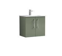 Nuie Arno Wall Hung 2 Door Vanity Unit and Minimalist Ceramic Basin | Satin Green | MDF | 600mm