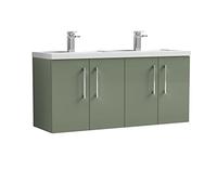 nuie ARN823C Arno Modern Bathroom Wall Hung 4 Door Double Vanity Unit with Twin Polymarble Basin, 1200mm, Satin Green