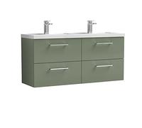 nuie ARN824C Arno Modern Bathroom Wall Hung 4 Drawer Double Vanity Unit with Twin Polymarble Basin, Satin Green