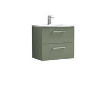 nuie ARN824G Arno Modern Bathroom Wall Hung 2 Drawer Vanity Unit with Curved Ceramic Basin, Satin Green