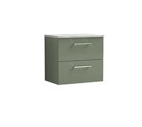 nuie ARN824LBG Arno Modern Bathroom Wall Hung 2 Drawer Vanity Unit with Laminate Worktop, Satin Green