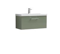 nuie ARN825A Arno Modern Bathroom Wall Hung 1 Drawer Vanity Unit with Mid-Edge Ceramic Basin, Satin Green