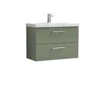 nuie ARN826A Arno Modern Bathroom Wall Hung 2 Drawer Vanity Unit with Mid-Edge Ceramic Basin, Satin Green