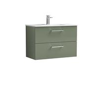 nuie ARN826B Arno Modern Bathroom Wall Hung 2 Drawer Vanity Unit with Minimalist Ceramic Basin, Satin Green