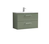 nuie ARN826G Arno Modern Bathroom Wall Hung 2 Drawer Vanity Unit with Curved Ceramic Basin, Satin Green