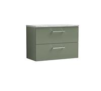 nuie ARN826LBG Arno Modern Bathroom Wall Hung 2 Drawer Vanity Unit with Laminate Worktop, 800mm, Satin Green/Bellato Grey