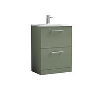 nuie ARN833G Arno Modern Bathroom Floor Standing 2 Drawer Vanity Unit with Curved Ceramic Basin, 600mm, Satin Green