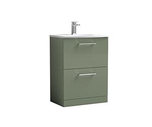 nuie ARN833G Arno Modern Bathroom Floor Standing 2 Drawer Vanity Unit with Curved Ceramic Basin, Satin Green
