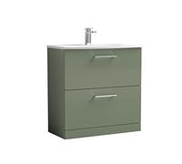 nuie ARN835G Arno Modern Bathroom Floor Standing 2 Drawer Vanity Unit with Curved Ceramic Basin, Satin Green