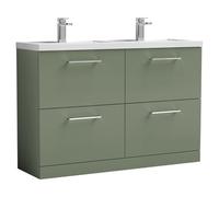Nuie Arno 4 Drawer Vanity Unit and Double Polymarble Basins | Satin Green | MDF | 1200mm