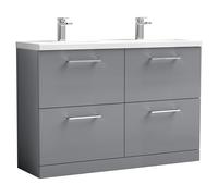 Nuie Arno 4 Drawer Vanity Unit with Double Ceramic Basins | Satin Grey | MDF | 1200mm