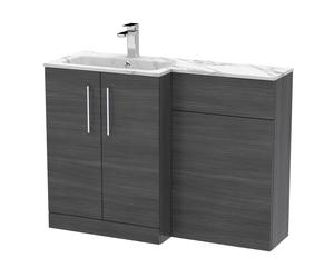Nuie Arno Left Hand Toilet Suite and Carrera Marble Stone Basin | Anthracite Woodgrain | MFC | 1100mm