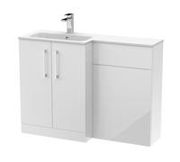 Nuie Arno Left Hand Toilet Suite and White Stone Basin | Gloss White | MFC | 1100mm
