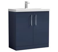 Nuie Arno Satin 2 Door Vanity Unit and Thin Edge Ceramic Basin | Midnight Blue | MDF | 800mm
