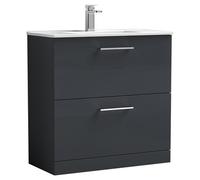 Nuie Arno Satin 2 Drawer Vanity Unit and Minimalist Ceramic Basin | Soft Black | MDF | 800mm