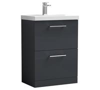 Nuie Arno Satin 2 Drawer Vanity Unit and Thin Edge Ceramic Basin | Soft Black | MDF | 600mm