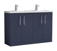 Nuie Arno Satin 4 Door Vanity Unit and Double Polymarble Basins | Midnight Blue | MDF | 1200mm