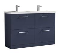 nuie ARN2933C Arno Modern Bathroom Floor Standing 4 Soft Close Drawer Vanity Unit and Double Polymarble Basin, 1200mm, Midnight Blue