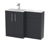 Nuie Arno Satin Left Hand Toilet Suite and Carrera Marble Stone Basin | Soft Black | MFC | 1100mm