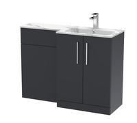 Nuie Arno Satin Right Hand Toilet Suite and Carrera Marble Stone Basin | Soft Black | MFC | 1100mm