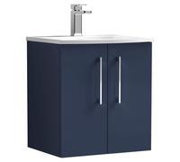 nuie ARN2921G Arno Modern Bathroom Wall Hung 2 Soft Close Door Vanity Unit and Curved Basin, 500mm, Midnight Blue