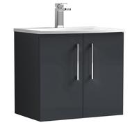 Nuie Arno Satin Wall Hung 2 Door Vanity Unit and Curved Ceramic Basin | Soft Black | MDF | 600mm
