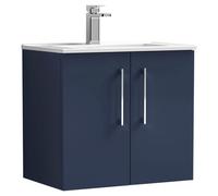 Nuie Arno Satin Wall Hung 2 Door Vanity Unit and Minimalist Ceramic Basin | Midnight Blue | MDF | 600mm