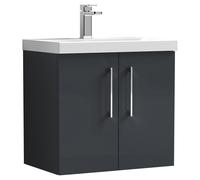 Nuie Arno Satin Wall Hung 2 Door Vanity Unit and Thin Edge Ceramic Basin | Soft Black | MDF | 600mm