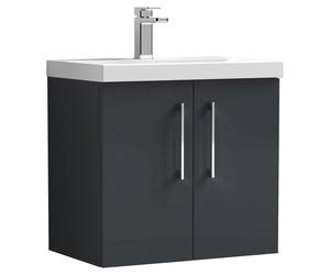 Nuie Arno Satin Wall Hung 2 Door Vanity Unit and Thin Edge Ceramic Basin | Soft Black | MDF | 600mm