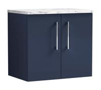 nuie ARN2923LCM Arno Modern Bathroom Wall Hung 2 Soft Close Door Vanity and Carrera Marble Laminate Worktop, 600mm, Midnight Blue