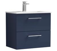 Nuie Arno Satin Wall Hung 2 Drawer Vanity Unit and Minimalist Ceramic Basin | Midnight Blue | MDF | 600mm