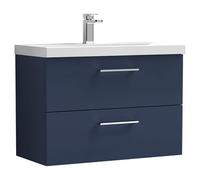 Nuie Arno Satin Wall Hung 2 Drawer Vanity Unit and Thin Edge Ceramic Basin | Midnight Blue | MDF | 800mm
